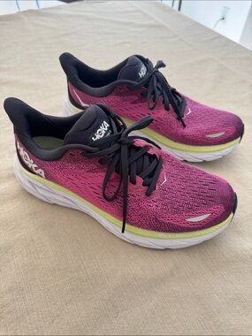 Hoka Clifton 8 Pink Shoes with Lime and Black Accents